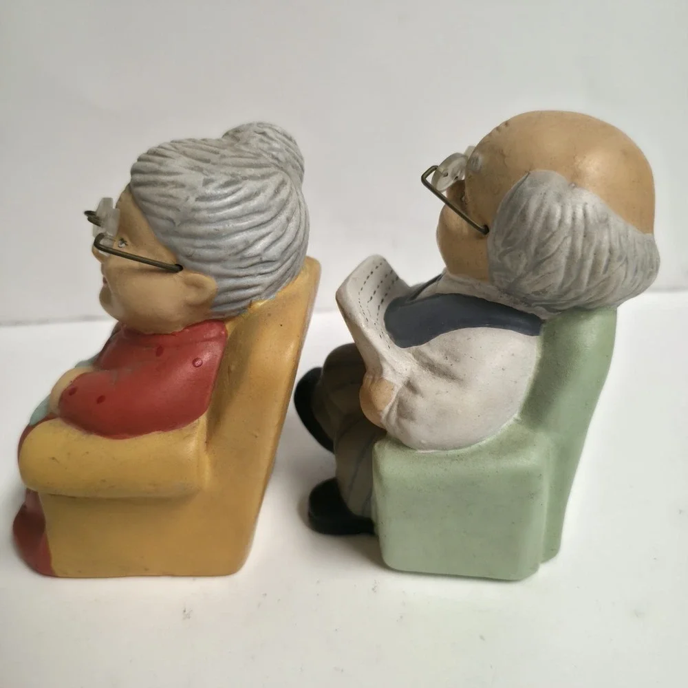 Vintage Ceramic Grandma & Grandpa Figurines Set - Retirement Couple Relaxing